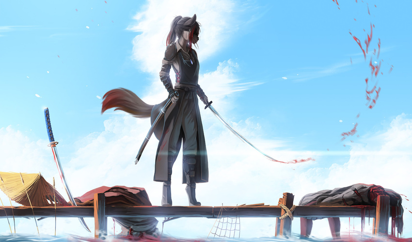 ambiguous_gender anthro black_hair blood bodies canine clothed clothing day detailed_background dog fruitbloodmilkshake hair holding_object holding_weapon mammal melee_weapon outside standing sword weapon