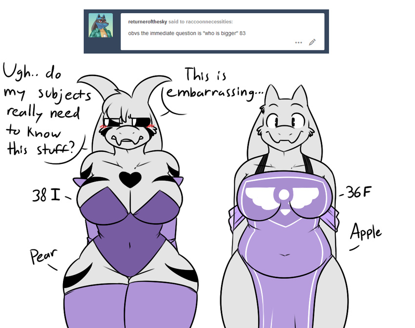 &lt;3 2017 anthro asriel_dreemurr big_breasts big_thighs black_sclera blush breast_size breast_size_difference breasts caprine cleavage clothed clothing comparing comparing_breasts comparison crossgender daughter dialogue duo embarrassed english_text female gloves god_of_hyperdeath legwear looking_at_viewer looking_away mammal mother parent robertge simple_background skimpy slightly_chubby smile standing text thigh_highs toriel undertale video_games voluptuous white_background wide_hips