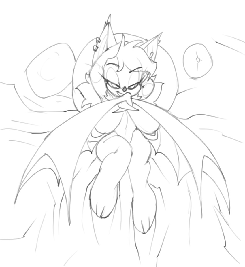 bed bedroom_eyes big_breasts bigdad breasts chiropteran convenient_censorship female half-closed_eyes looking_at_viewer mammal monochrome nude pillow rouge_the_bat seductive solo sonic_(series) wings
