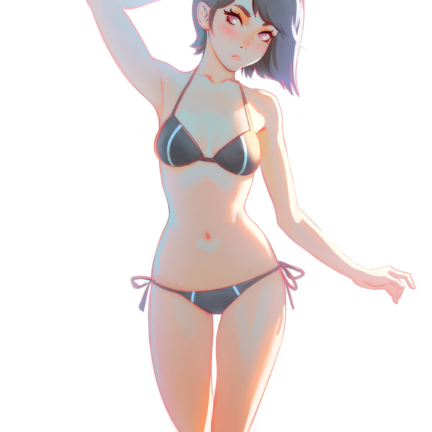 bikini black_bikini black_hair blush breasts collarbone ilya_kuvshinov original overexposure red_eyes short_hair simple_background small_breasts solo standing swimsuit white_background