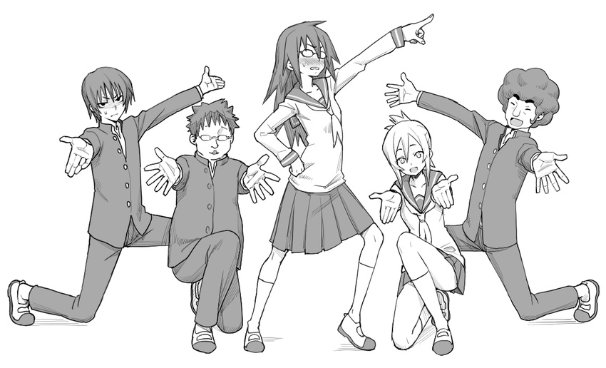 3boys afro blush embarrassed folded_ponytail gakuran glasses greyscale hand_on_hip hare_hare_yukai kitahara_aya kneeling kurosawa_kakeru long_hair looking_at_viewer monochrome multiple_boys multiple_girls nagaoka_keiji onanie_master_kurosawa opaque_glasses pointing pose school_uniform seki_shuuta shaded_face sidelocks suzumiya_haruhi_no_yuuutsu sweatdrop takigawa_magister velzhe white_background