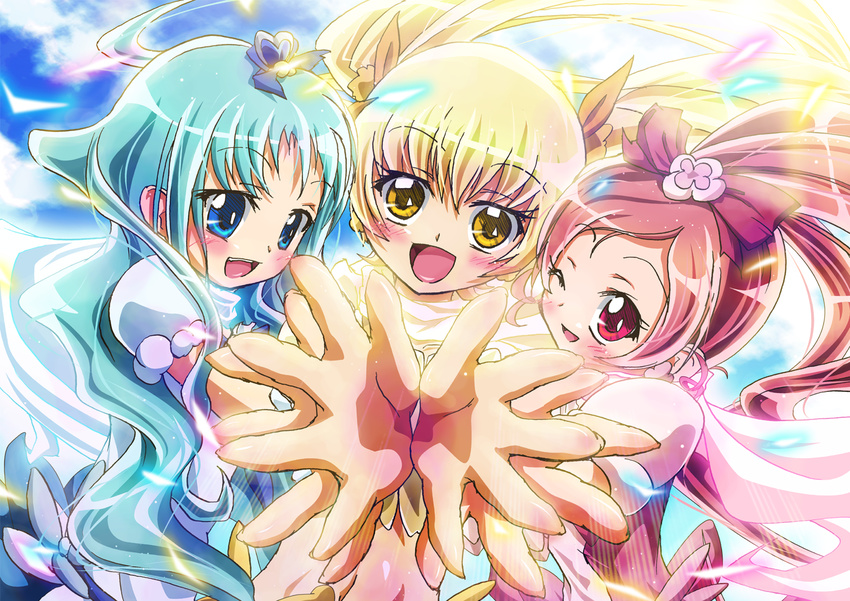 :d blonde_hair blue_eyes blue_hair cure_blossom cure_marine cure_sunshine eyelashes hanasaki_tsubomi heartcatch_precure! inoshishi_(ikatomo) kurumi_erika long_hair magical_girl multiple_girls myoudouin_itsuki open_mouth pink_eyes pink_hair ponytail precure rainbow_order ribbon smile twintails very_long_hair yellow_eyes