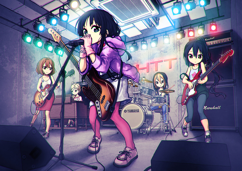 akiyama_mio amplifier bad_id bad_pixiv_id band bass_guitar black_eyes black_hair blonde_hair blue_eyes blue_legwear brown_eyes brown_hair casual drum drum_set electric_guitar fender fender_mustang gibson guitar hair_down highres hirasawa_yui instrument k-on! kotobuki_tsumugi legs les_paul long_hair marshall multiple_girls nakano_azusa nikerabi no_thank_you! pantyhose pink_legwear short_hair speaker synthesizer tainaka_ritsu yamaha