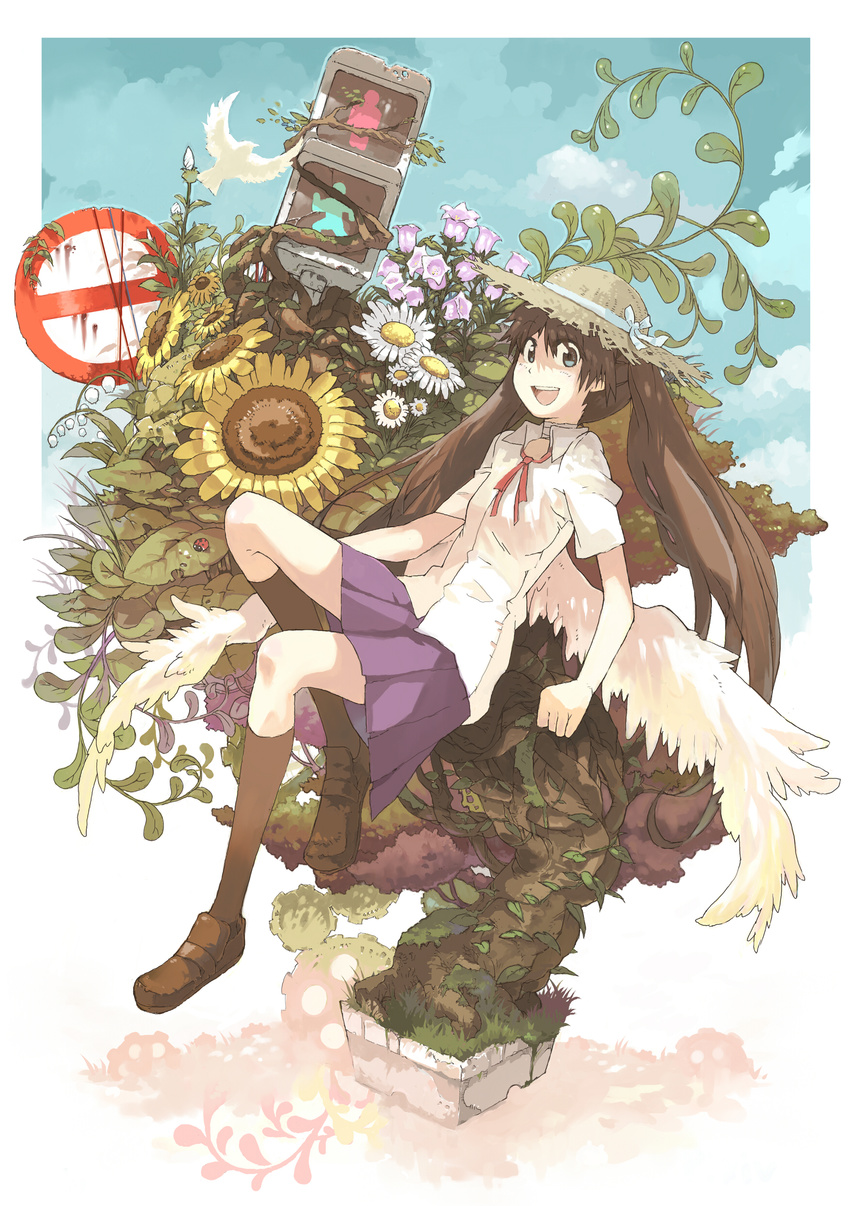 absurdres bellflower bird blue_eyes brown_hair bug daisy dove flower hat highres imoman insect ladybug legs lily_of_the_valley original school_uniform sign solo straw_hat sunflower traffic_light tree twintails wings