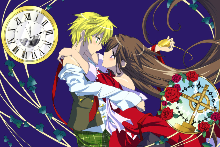 1girl alice_(pandora_hearts) aru_(artist) bad_id bad_pixiv_id bare_shoulders blonde_hair blush braid brown_hair cross flower green_eyes hetero highres leaf long_hair miko_embrace oz_vessalius pandora_hearts pocket_watch purple_eyes rose watch