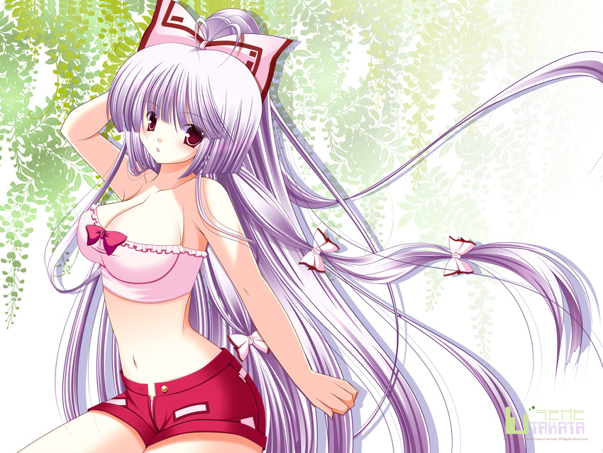 bad_id bad_pixiv_id bow breasts cleavage curvy fujiwara_no_mokou hair_bow hair_ribbon highres hips hiyori-o large_breasts long_hair midriff open_fly red_eyes ribbon short_shorts shorts silver_hair solo touhou unzipped wallpaper