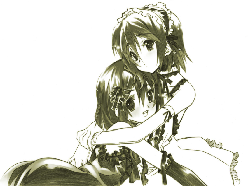 alternate_hairstyle elbow_gloves gloves graphite_(medium) hair_down hair_ribbon hairband hirasawa_yui hug k-on! lolita_hairband monochrome multiple_girls ribbon senomoto_hisashi smile tainaka_ritsu traditional_media