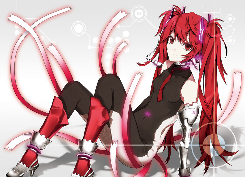 alternate_color alternate_hair_color arisaka_ako bad_id bad_pixiv_id bodysuit boots elbow_gloves gloves hatsune_miku headphones headset long_hair red_eyes red_hair sitting smile solo twintails vocaloid