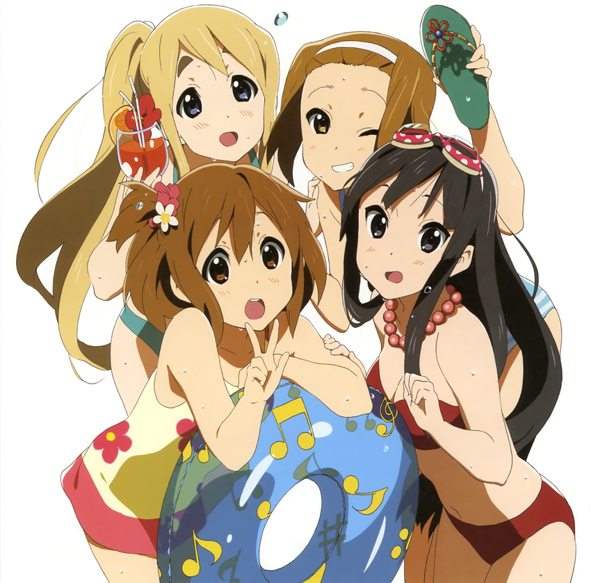 absurdres akiyama_mio bikini detexted drink flower goggles goggles_on_head hair_flower hair_ornament highres hirasawa_yui innertube k-on! kotobuki_tsumugi multiple_girls one_eye_closed sandals side_ponytail swimsuit tainaka_ritsu third-party_edit v