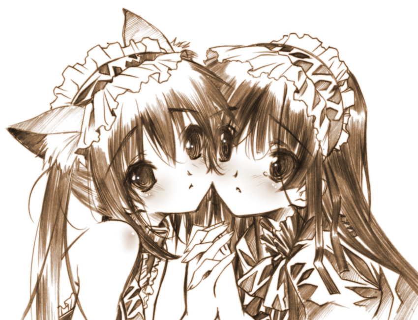 akiyama_mio animal_ears cat_ears cheek-to-cheek gothic_lolita graphite_(medium) hairband holding_hands interlocked_fingers k-on! lolita_fashion lolita_hairband monochrome multiple_girls nakano_azusa senomoto_hisashi traditional_media