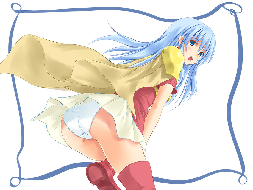 ass blue_hair cape eirika fire_emblem fire_emblem:_seima_no_kouseki konimaru long_hair looking_back open_mouth panties pantyshot skirt solo trefoil underwear upskirt white_panties wind wind_lift