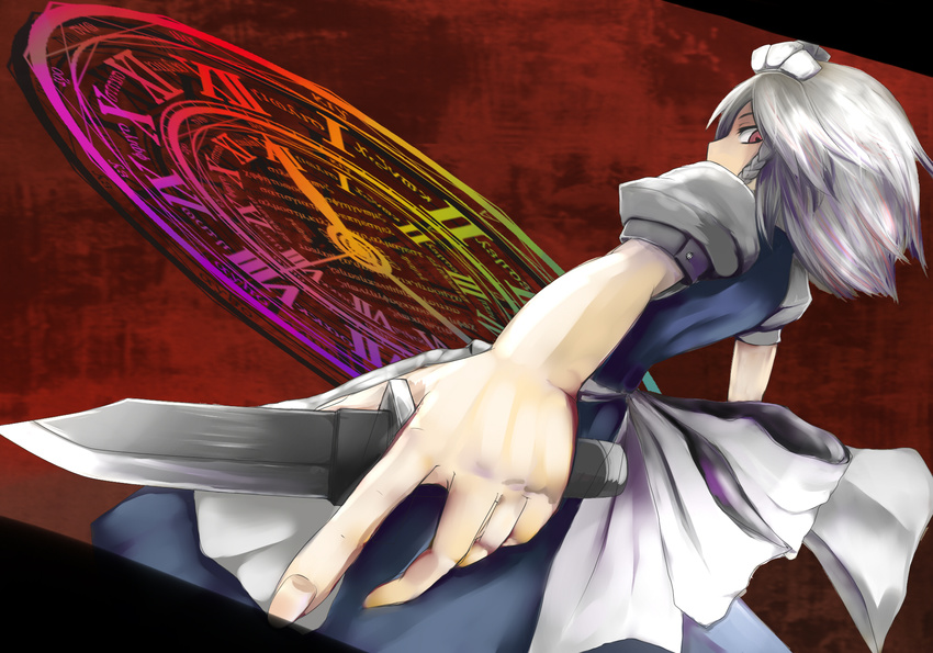 1girl bad_id bad_pixiv_id highres izayoi_sakuya knife maid maid_headdress red_eyes silver_hair solo touhou