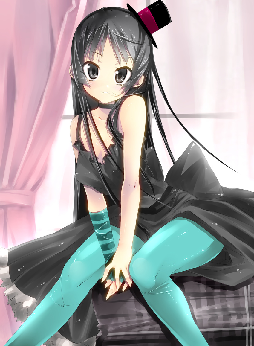 akiyama_mio aqua_legwear asymmetrical_clothes bad_id bad_pixiv_id bare_shoulders black_eyes black_hair don't_say_"lazy" dress elbow_gloves fingerless_gloves gloves hat highres hime_cut k-on! legs long_hair mini_hat mini_top_hat pantyhose shikinyan solo top_hat younger