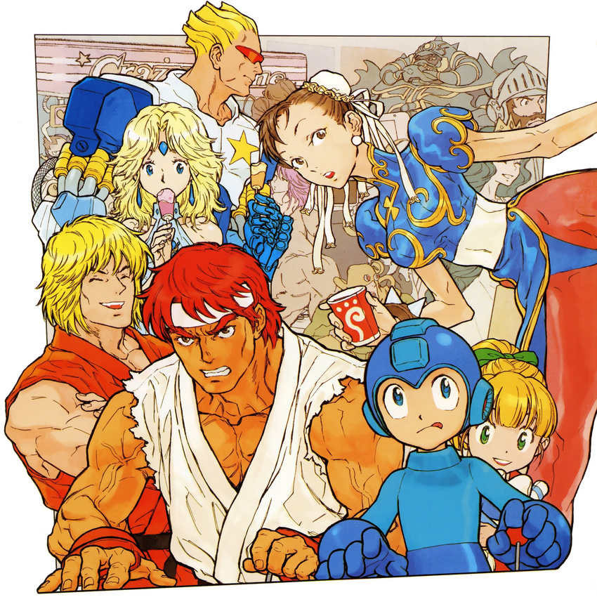 6+boys :o :q ^_^ armor beard bent_over blonde_hair blue_eyes bow bracelet brown_eyes brown_hair bun_cover capcom captain_commando captain_commando_(character) china_dress chinese_clothes chun-li circlet clenched_teeth closed_eyes company_connection controller crossover cup double_bun dress drink earrings facial_hair final_fight food green_eyes hair_bow headband helmet hibiki_dan highres jewelry joystick ken_masters laughing lipstick looking_back lost_worlds makaimura makeup multiple_boys multiple_girls muscle nishimura_kinu official_art open_mouth pantyhose pink_hair playing_games poison_(final_fight) ponytail popsicle red_hair robot rockman rockman_(character) roll ryuu_(street_fighter) sagat short_hair sir_arthur_(makaimura) sleeveless smile spiked_bracelet spikes spread_legs star street_fighter street_fighter_i sunglasses surprised sylphie tan teeth tongue tongue_out torn_clothes veins video_game