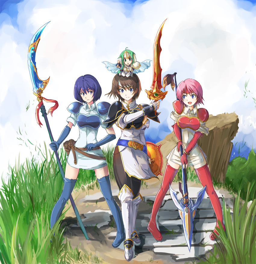 :d armor bad_id bad_pixiv_id belt blue_eyes blue_hair boots brown_hair cape chibi cloud day echizen_(hvcv) elbow_gloves fingerless_gloves fire_emblem fire_emblem:_akatsuki_no_megami fire_emblem:_souen_no_kiseki gloves grass highres legs marcia minigirl multiple_girls naginata open_mouth pantyhose pauldrons pegasus_knight pegasus_knight_(fire_emblem) pink_hair pointing polearm shield short_hair shoulder_pads sigrun sitting sitting_on_head sitting_on_person sky smile spear sword tanith thigh_boots thighhighs weapon zettai_ryouiki