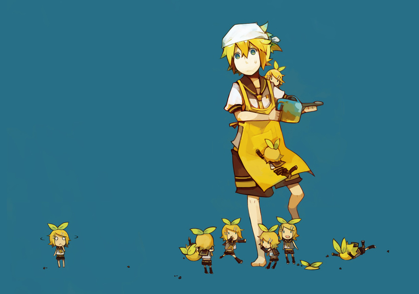 6+girls aqua_eyes bandana blonde_hair brother_and_sister glider_(artist) hair_ornament hair_ribbon hairclip kagamine_len kagamine_rin minigirl multiple_girls plant_girl ribbon short_hair siblings twins vocaloid watering_can