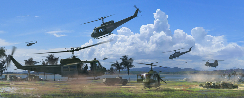 agnidevi aircraft ch-47_chinook cloud day dust ground_vehicle helicopter highres landscape military motor_vehicle multiple_boys original palm_tree river scenery sky taking_off tree truck uh-1_iroquois water