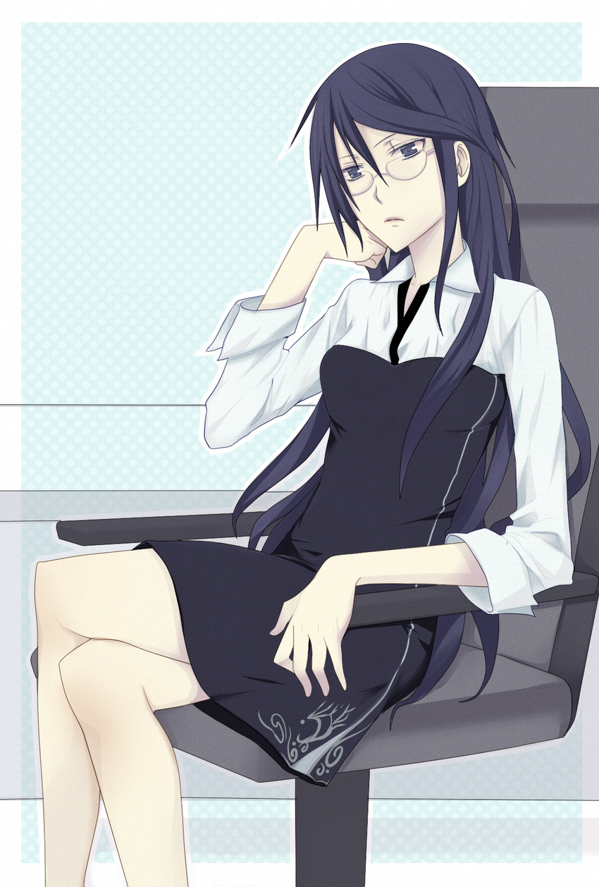 bad_id bad_pixiv_id black_hair crossed_legs dress durarara!! glasses highres long_hair short_dress sitting solo tks-kikan-gentei yagiri_namie