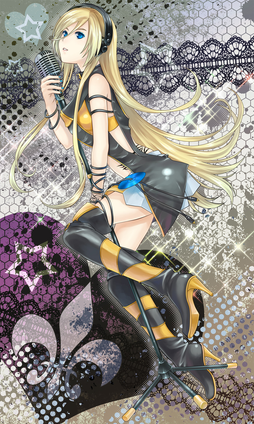 blonde_hair blue_eyes boots cable cd fleur_de_lis headphones heart highres legs lily_(vocaloid) long_hair microphone microphone_stand miniskirt ohse skirt solo star tattoo thigh_boots thighhighs vintage_microphone vocaloid