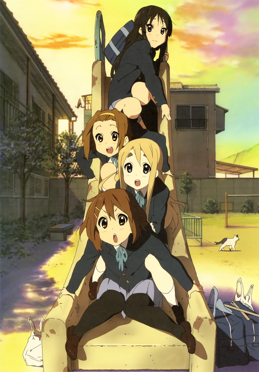 absurdres akiyama_mio bag black_eyes black_hair blonde_hair blue_eyes brown_eyes brown_hair cat cloud hairband highres hirasawa_yui k-on! kotobuki_tsumugi legs long_hair multiple_girls non-web_source open_mouth pantyhose round_teeth school_uniform sky slide tainaka_ritsu teeth twilight very_long_hair