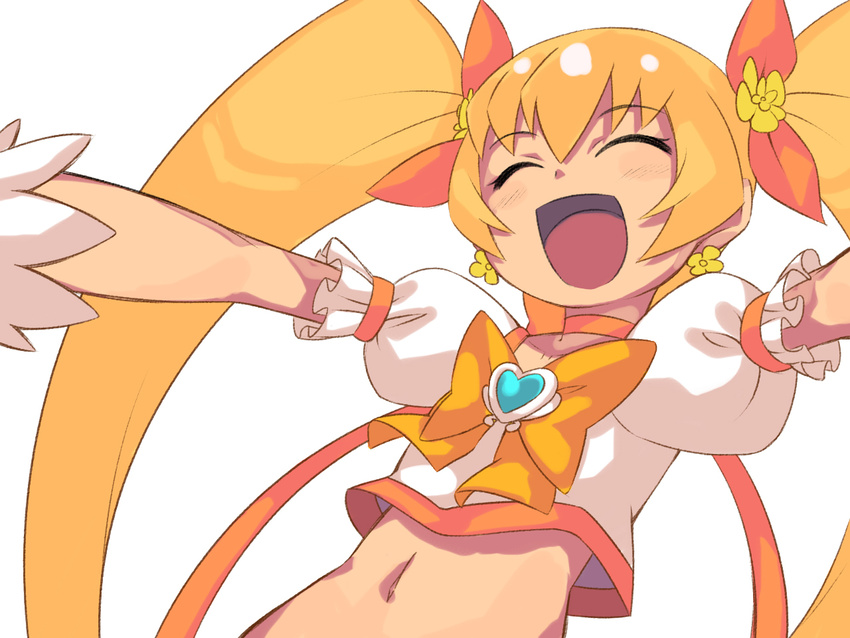 :d blonde_hair bow chacha_(tyatya) choker cure_sunshine hair_ribbon happy heart heartcatch_precure! long_hair magical_girl midriff myoudouin_itsuki navel open_mouth orange_choker outstretched_arms precure ribbon smile solo spread_arms twintails very_long_hair white_background yellow_bow