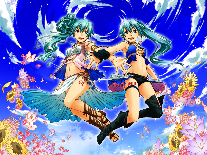 aqua_eyes aqua_hair boots cloud day dual_persona final_fantasy final_fantasy_x final_fantasy_x-2 flower hatsune_miku highres jewelry jumping junji knee_boots legs long_hair macross macross_frontier midriff multiple_girls navel necklace parody sandals side_ponytail skirt sky smile sunflower vocaloid