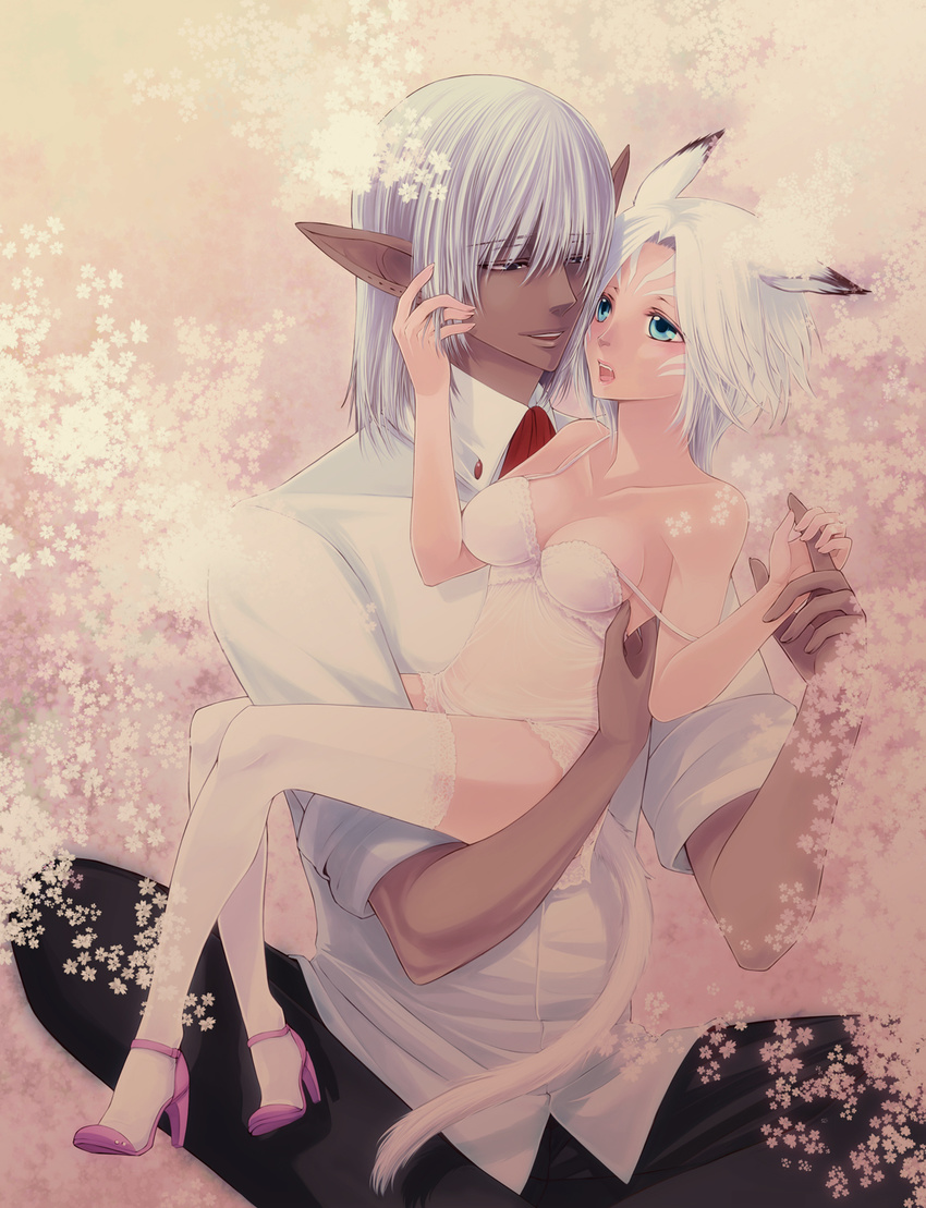 1girl animal_ears blue_eyes cat_ears cat_tail elf elvaan final_fantasy final_fantasy_xi height_difference high_heels highres lingerie mithra pointy_ears shoes short_hair silver_hair strap_slip tail takatsuki_kahiro thighhighs underwear white_hair white_legwear