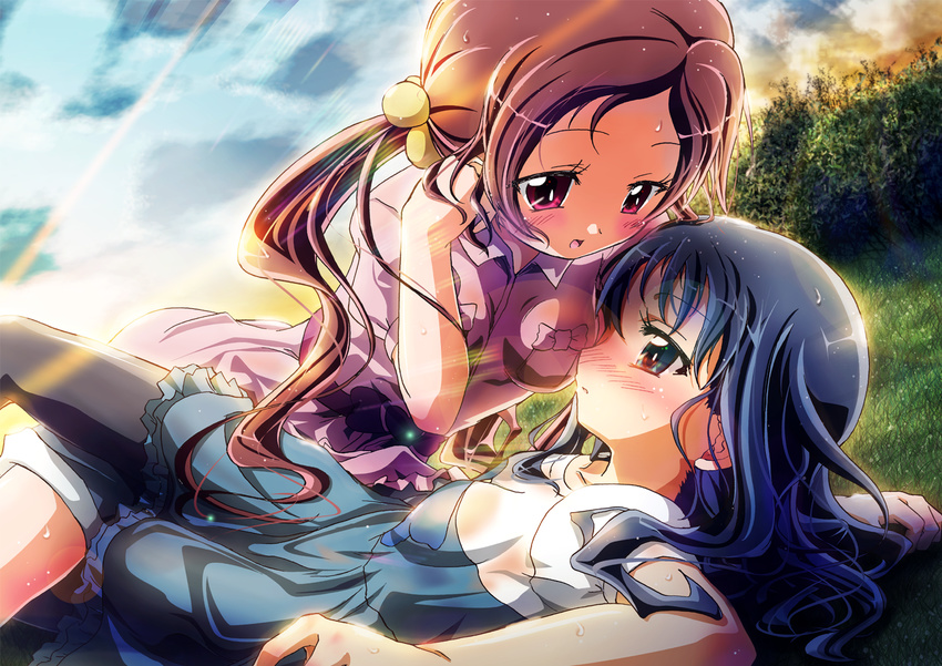 blue_eyes blue_hair blush brown_hair eyelashes hair_bobbles hair_ornament hanasaki_tsubomi heartcatch_precure! inoshishi_(ikatomo) kurumi_erika long_hair lying multiple_girls on_back on_ground outdoors pantyhose pink_eyes precure twintails yuri