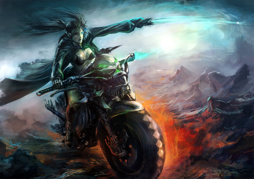 bad_id bad_pixiv_id bikini_top black_rock_shooter black_rock_shooter_(character) blue_eyes boots breasts coat glowing glowing_eyes ground_vehicle hayaken large_breasts long_hair motor_vehicle motorcycle riding shorts solo sword twintails weapon