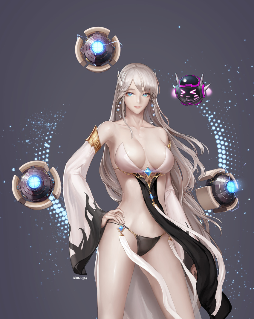 &gt;_&lt; absurdres artist_name black_panties blue_eyes breasts closed_eyes collarbone contrapposto detached_sleeves dungeon_and_fighter earrings female_gunner_(dungeon_and_fighter) female_mechanic_(dungeon_and_fighter) floating floating_object glint grey_background hair_ornament hand_on_hip highres jewelry large_breasts light_particles long_hair monaim panties parted_lips pelvic_curtain silver_hair simple_background smile solo standing string_panties underwear very_long_hair wide_sleeves