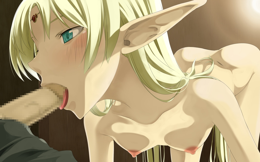 1girl :&gt;= all_fours areolae ass blonde_hair blush breasts censored collarbone deedlit dimples_of_venus fellatio green_eyes highres legs long_hair looking_at_another mosaic_censoring nipples nude oral penis pointy_ears record_of_lodoss_war small_breasts solo_focus teitetsu_kishidan thighs