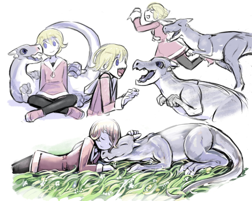 &gt;_&lt; 1girl black_legwear blonde_hair blue_eyes dinosaur eyes_closed grass idon indian_style on_ground open_mouth original running sharp_teeth short_hair sitting smile teeth