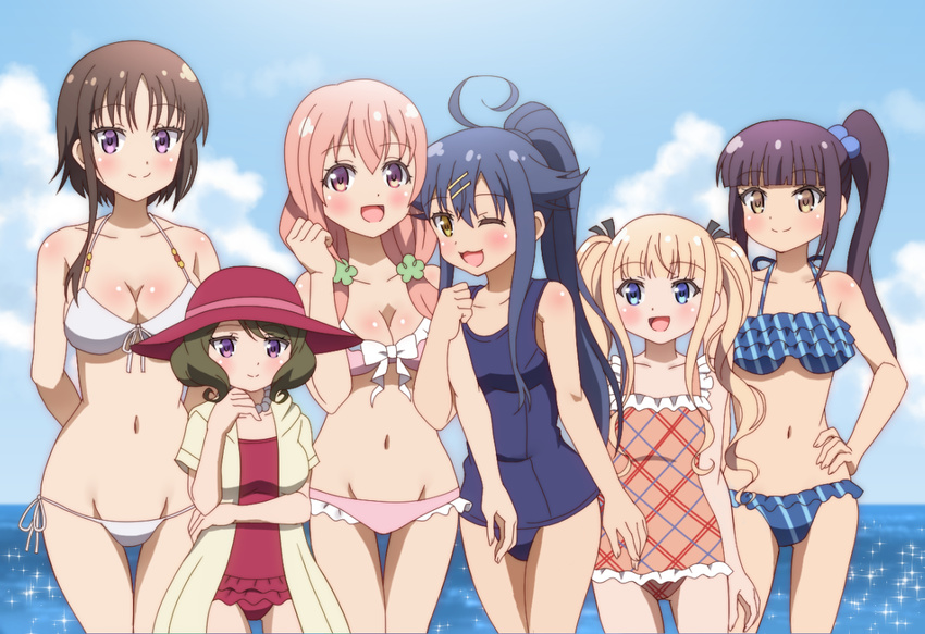 :3 :d ;3 ;d ahoge bangs bikini blonde_hair blue_bikini blue_eyes blue_hair blunt_bangs blush breasts brown_hair casual_one-piece_swimsuit cleavage commentary_request cowboy_shot diagonal_stripes frilled_bikini frilled_swimsuit frills front-tie_top groin hagino_chiaki hair_bobbles hair_ornament hairclip hand_on_hip hiiragi_mayuki hinako_note jacket kuroyanagi_ruriko lowleg lowleg_bikini medium_breasts multiple_girls nakajima_yua natsukawa_kuina navel ocean old_school_swimsuit one-piece_swimsuit one_eye_closed onomekaman open_mouth pink_bikini pink_hair pink_swimsuit plaid plaid_swimsuit ponytail purple_eyes red_swimsuit sakuragi_hinako school_swimsuit side-tie_bikini side_ponytail sidelocks small_breasts smile striped striped_bikini swimsuit thigh_gap twintails water white_bikini yellow_eyes