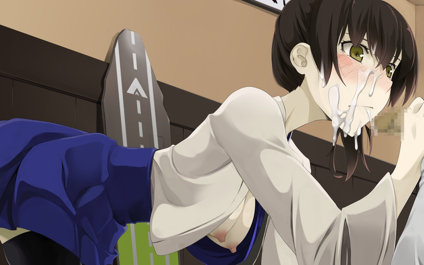 1girl after_fellatio areolae black_hair black_legwear blue_skirt blush breasts breasts_outside censored cum cum_in_mouth cum_on_hair facial highres indoors japanese_clothes kaga_(kantai_collection) kantai_collection large_breasts legs looking_at_another mosaic_censoring nipples open_clothes penis side_ponytail skirt solo_focus teitetsu_kishidan thighhighs thighs yellow_eyes