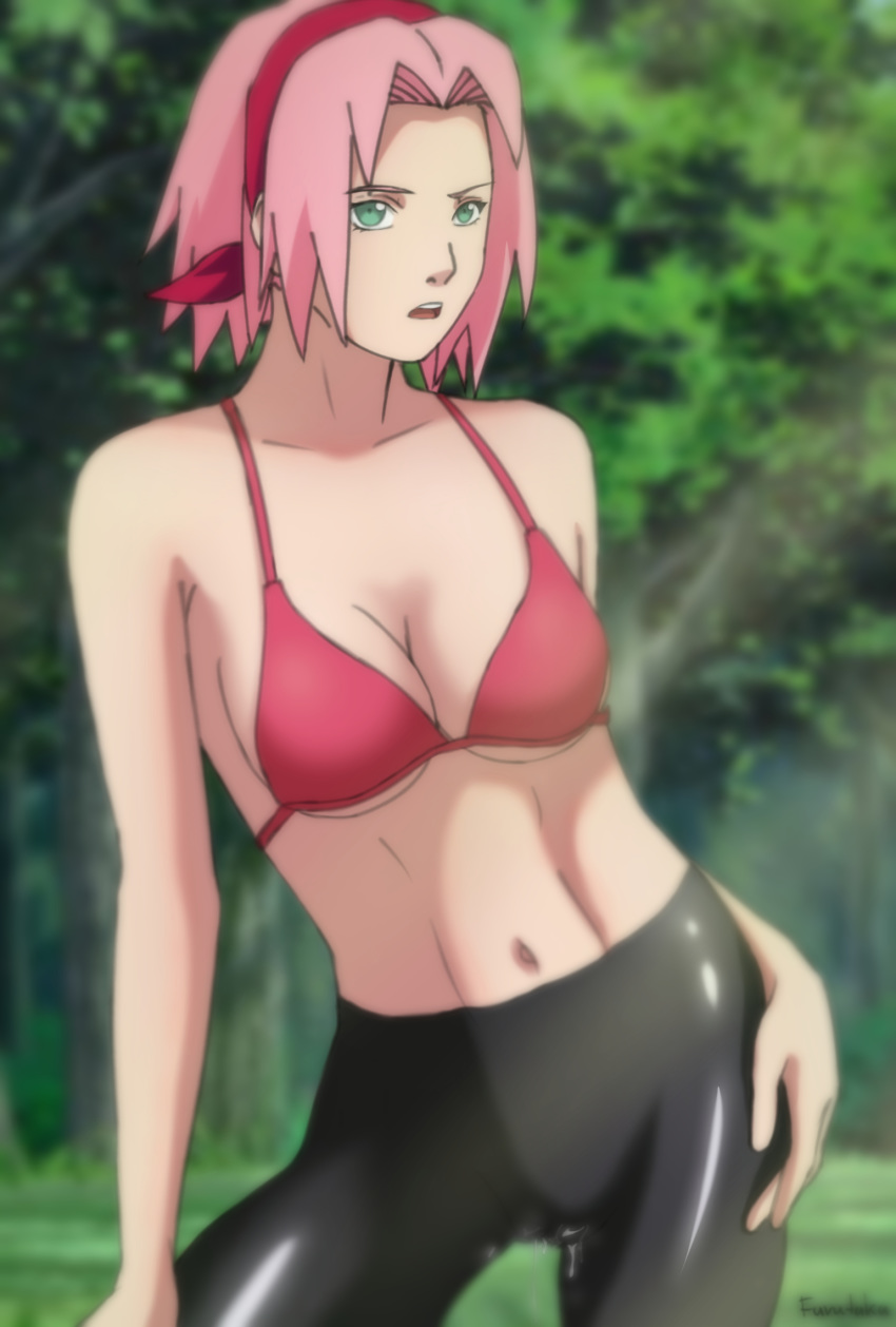 1girl black_pantyhose breasts cleavage cum cum_on_body cum_on_clothes cum_on_lower_body female furutaka green_eyes hairband medium_breasts naruto naruto_(series) naruto_pixxx naruto_shippuden navel open_mouth pink_hair posing sakura_haruno short_hair solo text tight_clothing tight_fit watermark