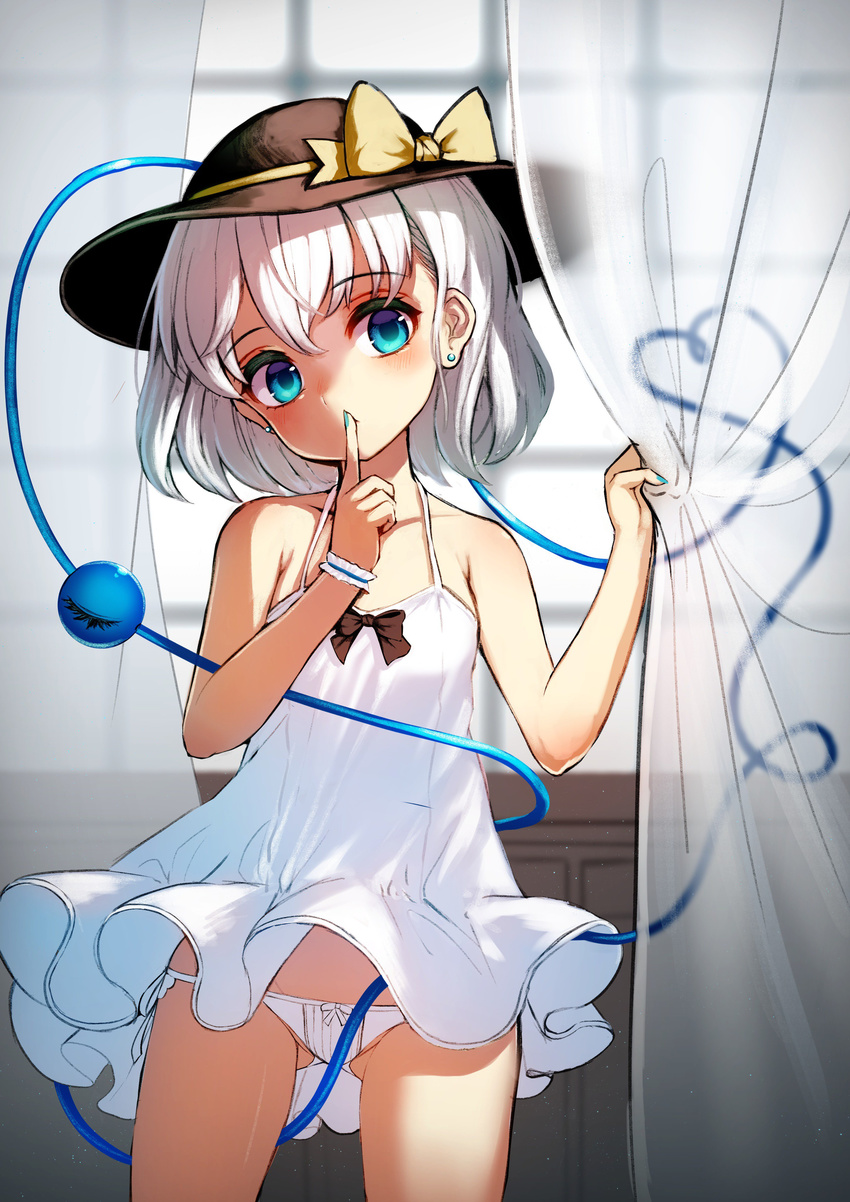 absurdres ass_visible_through_thighs bangs black_hat blue_eyes blue_nails bow curtain_grab curtains dress earrings finger_to_mouth hat hat_bow heart heart_of_string highres jewelry komeiji_koishi looking_at_viewer nail_polish panties pyonsuke_(pyon2_mfg) short_dress side-tie_panties solo standing third_eye touhou transparent underwear white_dress white_hair white_panties wrist_cuffs yellow_bow