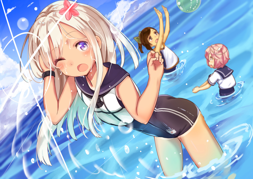 amacha ball beachball blonde_hair blue_eyes blue_sailor_collar brown_hair covered_navel crop_top day dutch_angle flower hair_flower hair_ornament highres i-401_(kantai_collection) i-58_(kantai_collection) kantai_collection long_hair multiple_girls one-piece_swimsuit one-piece_tan one_eye_closed outdoors pink_hair ro-500_(kantai_collection) sailor_collar school_swimsuit short_hair swimsuit swimsuit_under_clothes tan tanline wading water