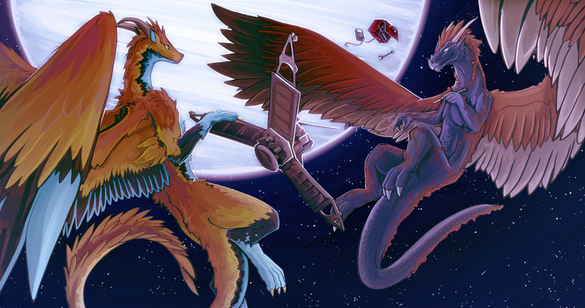 ambiguous_gender chromamancer claws curved_horn detailed_background dragon duo feathered_dragon feathered_wings feathers feral fox_dragon fur furred_dragon horn moon night satellite sky star starry_sky tan_feathers wings