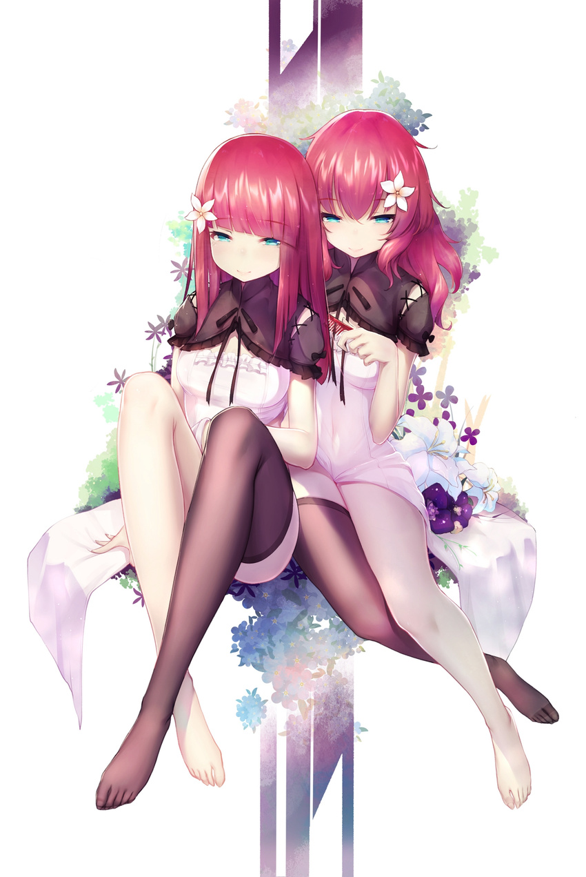 barefoot blue_eyes devola dk.senie flower highres long_hair multiple_girls nier_(series) popola red_hair revision siblings single_thighhigh sisters thighhighs toes twins