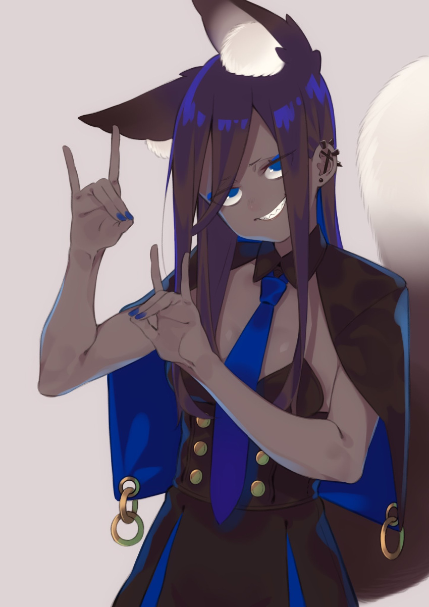 1girl animal_ears blue_eyes capelet dark_skin detached_collar e_draw_paint earrings female fox_shadow_puppet grin jewelry long_hair nail_polish necktie original smile solo strapless tail wasabi_iii