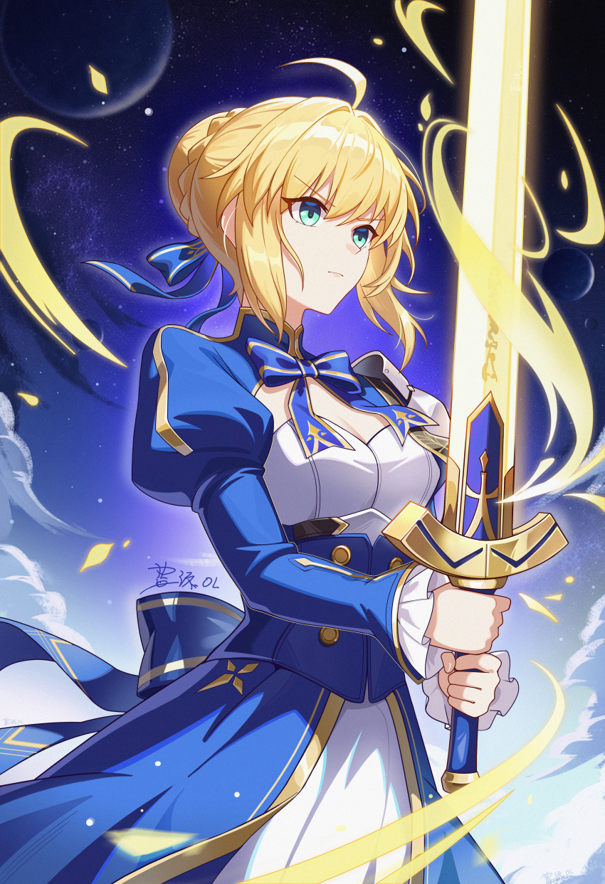 1girl absurdres ahoge artoria_pendragon_(fate) blonde_hair blue_bow bow braid braided_bun breasts chinese_commentary cleavage commentary_request dress excalibur_(fate/stay_night) fate/stay_night fate/unlimited_blade_works fate_(series) green_eyes hair_bun highres holding holding_sword holding_weapon honkai:_star_rail honkai_(series) lantian_ol medium_breasts official_alternate_costume saber_(fate) saber_(honkai:_star_rail)_(fate) short_hair solo sword weapon white_dress