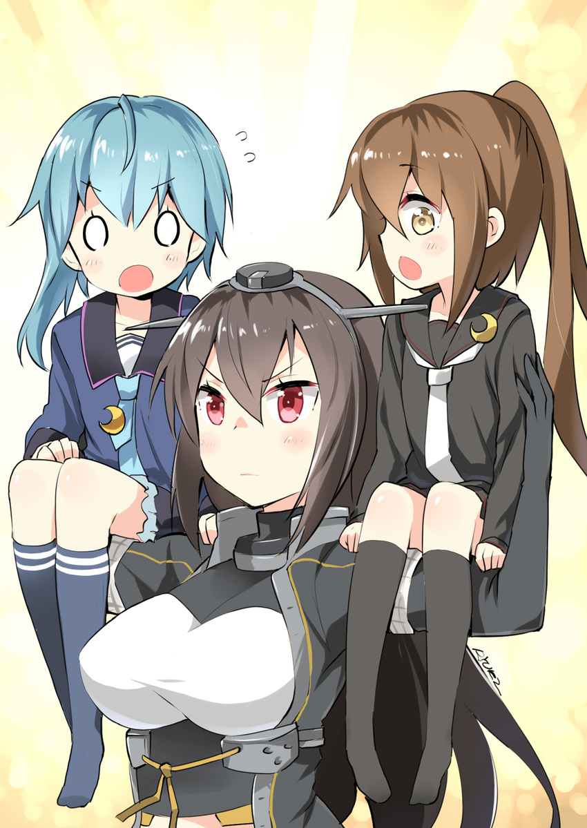 artist_name asymmetrical_hair black_coat black_hair black_legwear black_serafuku black_skirt blue_eyes blue_neckwear breasts brown_eyes brown_hair carrying commentary_request crescent crescent_moon_pin fumizuki_(kantai_collection) hair_between_eyes headgear highres kantai_collection kneehighs large_breasts long_coat long_hair long_sleeves minazuki_(kantai_collection) multiple_girls nagato_(kantai_collection) necktie open_mouth ponytail red_eyes remodel_(kantai_collection) ryuki_(ryukisukune) sailor_collar school_uniform serafuku skirt white_neckwear