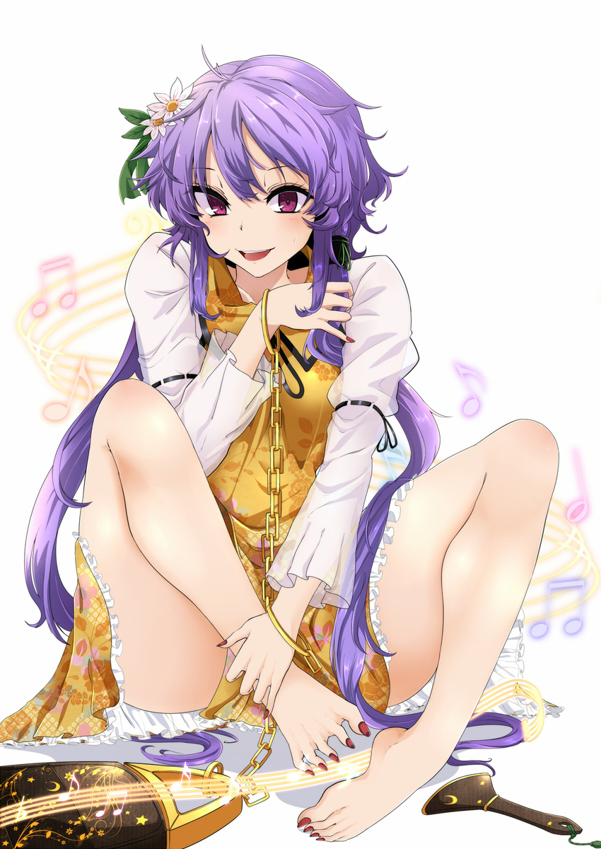 bad_id bad_pixiv_id bare_shoulders barefoot breasts chain feet fingernails flower hair_flower hair_ornament hairband hand_on_own_foot highres instrument long_fingernails long_hair long_toenails looking_at_viewer lute_(instrument) medium_breasts messy_hair nail_polish open_mouth purple_eyes purple_hair rihito_(usazukin) smile solo sweatdrop toenail_polish toenails toes touhou tsukumo_benben twintails