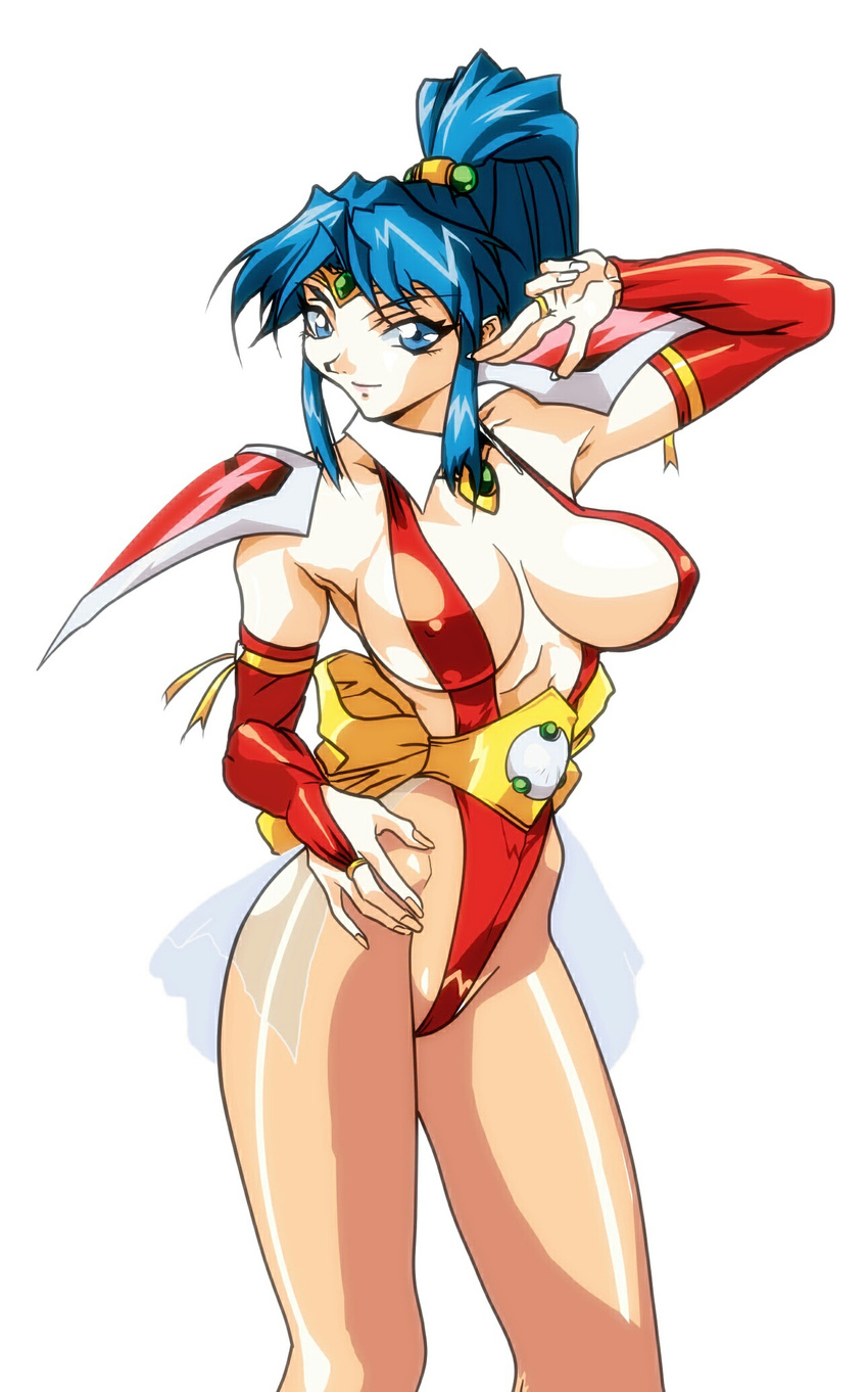 blue_eyes blue_hair bow breasts bridal_gauntlets choujin_gakuen_gowcaizer circlet closed_mouth cowboy_shot hellstinger6 highres hishizaki_shaia_(gowcaizer) large_breasts leotard long_hair looking_at_viewer pantyhose pauldrons ponytail red_leotard revealing_clothes sheer_legwear sidelocks smile solo white_background yellow_bow