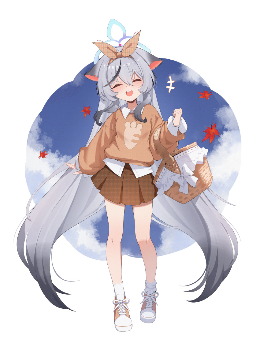 1girl absurdres alternate_costume animal_ears autumn autumn_leaves basket black_hair black_streaks blue_archive blue_halo brown_hairband brown_skirt closed_eyes cocokawa_(cjsj8353) gradient_hair grey_hair hair_between_eyes hairband halo highres holding holding_basket kokona_(blue_archive) leaf long_hair long_sleeves miniskirt multicolored_hair open_mouth plaid_clothes plaid_hairband plaid_skirt pleated_skirt round_teeth shoes skirt sneakers teeth tiger_ears tiger_girl upper_teeth_only very_long_hair