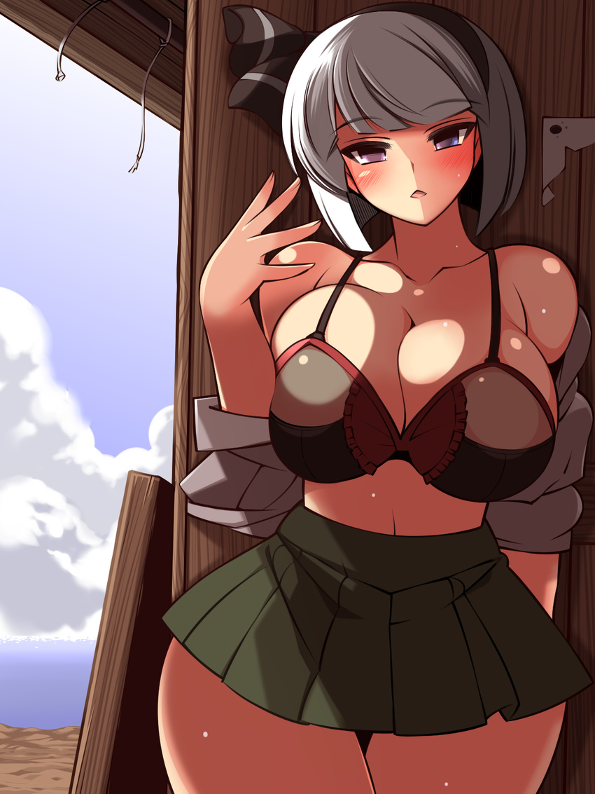 alternate_breast_size alternate_eye_color arm_behind_back bangs bare_shoulders black_hairband blue_sky blunt_bangs blush bob_cut bra breast_press breasts cloud collarbone commentary_request cowboy_shot day eyebrows_visible_through_hair fanning_self green_skirt hairband head_tilt highres horizon hot konpaku_youmu large_breasts looking_at_viewer miniskirt no_pupils ocean older open_clothes open_mouth open_shirt outdoors pleated_skirt purple_eyes shack shade shiny shiny_skin shirt shirt_down short_hair short_sleeves silver_hair skirt sky solo thick_thighs thigh_gap thighs touhou triangle_mouth ueda_katsuhito underwear white_shirt wide_hips wind
