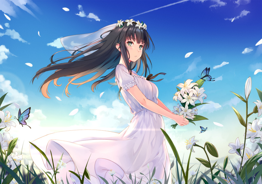 1girl bangs bare_arms blue_sky blush breasts brown_hair bug butterfly cloud commentary day dress floating_hair flower flowers_(innocent_grey) green_eyes head_wreath highres holding holding_flower insect lily_(flower) long_hair looking_at_viewer medium_breasts outdoors parted_lips plant shirahane_suou short_sleeves sidelocks sky solo white_dress white_flower wide_shot wind yongheng_zhi_wu