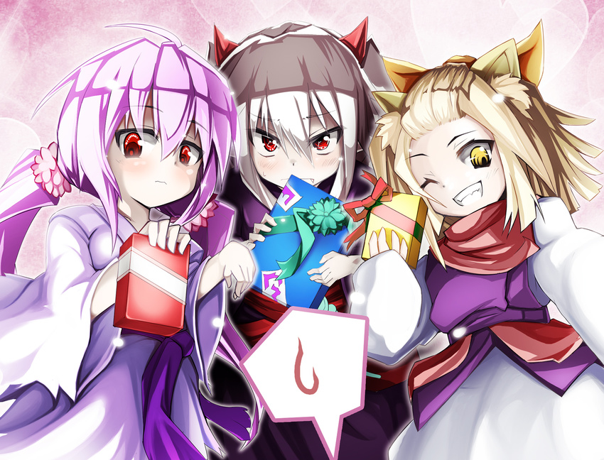 &gt;:) ;) ahoge ash_blossom_&amp;_joyous_spring blonde_hair box brown_hair commentary duel_monster eyebrows_visible_through_hair fang fang_out frown ghost_ogre_&amp;_snow_rabbit ghost_reaper_&amp;_winter_cherries gift gift_box grin hair_between_eyes hair_ornament highres horns incoming_gift japanese_clothes kimono long_hair looking_at_viewer low_twintails multiple_girls one_eye_closed purple_hair red_eyes scarf short_hair smile spirit-edge spoken_sweatdrop sweatdrop teeth twintails v-shaped_eyebrows valentine wavy_mouth yellow_eyes yuu-gi-ou