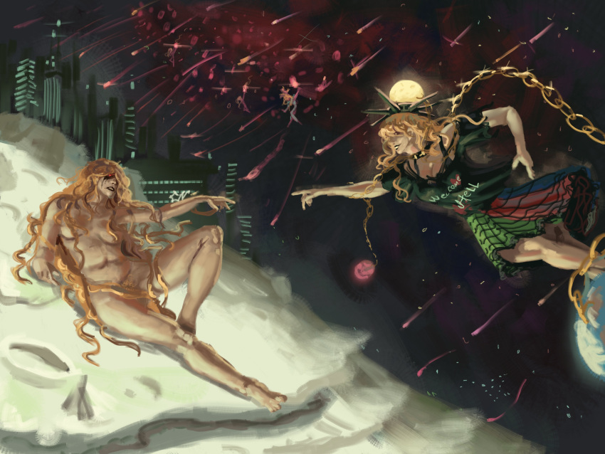 2girls absurdres barefoot black_shirt blonde_hair cianetoneon cityscape commentary completely_nude convenient_censoring fine_art_parody glowing glowing_eye hair_over_breasts hecatia_lapislazuli hecatia_lapislazuli_(moon) highres junko_(touhou) long_hair multicolored_skirt multiple_girls nude outdoors parody plaid_clothes plaid_skirt red_eyes shirt skirt sky star_(sky) starry_sky the_creation_of_adam touhou