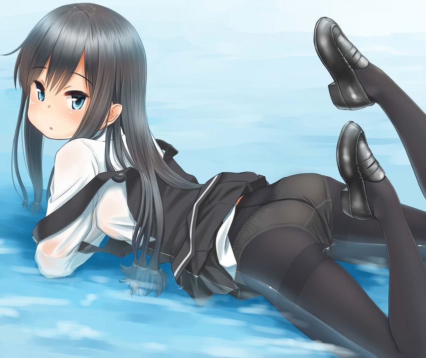 asashio_(kantai_collection) ass black_hair black_legwear blue_eyes commentary crotch_seam dress highres kantai_collection loafers long_hair looking_at_viewer lying on_stomach panties panties_under_pantyhose pantyhose partially_submerged pinafore_dress remodel_(kantai_collection) retsumaru school_uniform shoes solo the_pose thighband_pantyhose underwear